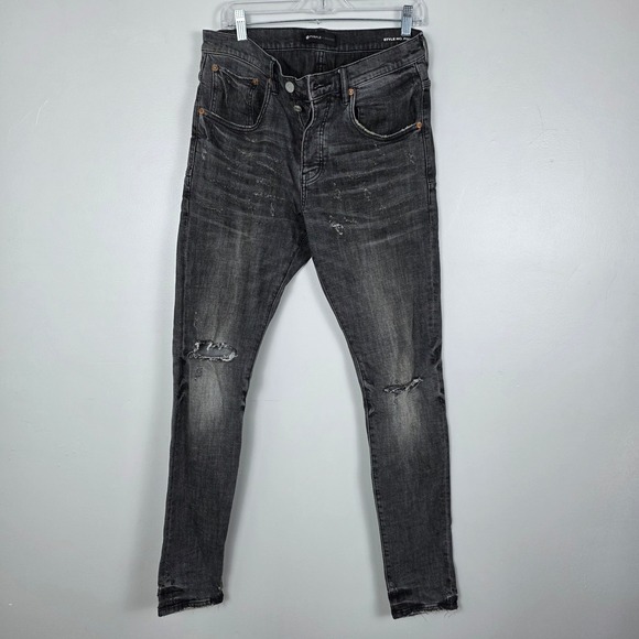 Purple Brand P002 Distressed Black Wash Slim Fit Ripped Knee Jeans Button Fly - Picture 1 of 13